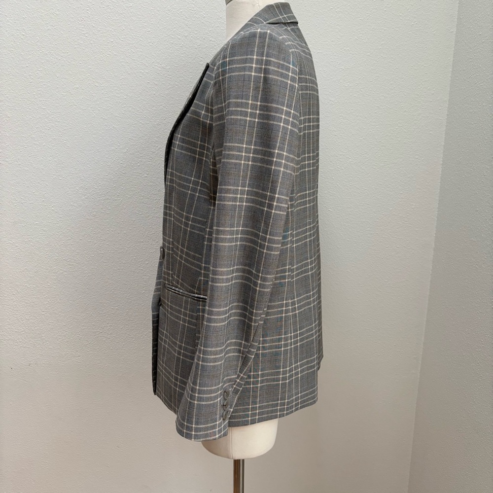 Plaid Double Breasted Blazer Preppy Academia Old Money Gray Cream White Size 12 - Picture 3 of 7